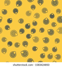 Blue line Sunflower icon isolated seamless pattern on yellow background.  Vector Illustration