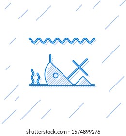 Blue line Sunken ship at the bottom of the sea icon isolated on white background.  Vector Illustration