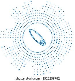 Blue line Surfboard icon isolated on white background. Surfing board. Extreme sport. Sport equipment. Abstract circle random dots. Vector Illustration