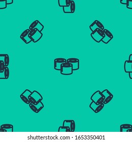 Blue line Sushi icon isolated seamless pattern on green background. Traditional Japanese food.  Vector Illustration