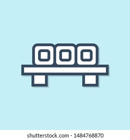Blue line Sushi on cutting board icon isolated on blue background. Asian food sushi on wooden board.  Vector Illustration