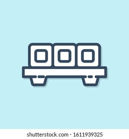 Blue line Sushi on cutting board icon isolated on blue background. Asian food sushi on wooden board.  Vector Illustration