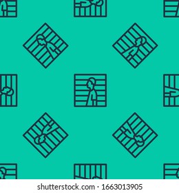 Blue line Suspect criminal icon isolated seamless pattern on green background. The criminal in prison, suspected near the board.  Vector Illustration
