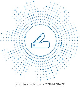 Blue line Swiss army knife icon isolated on white background. Multi-tool, multipurpose penknife. Multifunctional tool. Abstract circle random dots. Vector