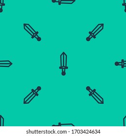 Línea azul Espada para el icono de juego aislado patrón sin fisuras sobre fondo verde. Ilustración vectorial