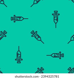Blue line Syringe icon isolated seamless pattern on green background. Syringe for vaccine, vaccination, injection, flu shot. Medical equipment.  Vector
