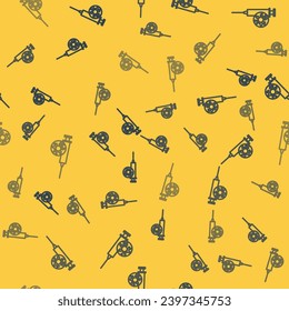 Blue line Syringe and virus icon isolated seamless pattern on yellow background. Syringe for vaccine, vaccination, injection, flu shot. Medical equipment.  Vector Illustration
