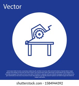Blue line Table saw for woodwork icon isolated on blue background. Power saw bench. White circle button. Vector Illustration
