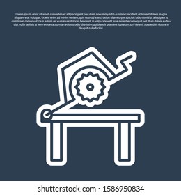Blue line Table saw for woodwork icon isolated on blue background. Power saw bench.  Vector Illustration