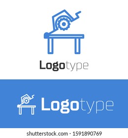 Blue line Table saw for woodwork icon isolated on white background. Power saw bench. Logo design template element. Vector Illustration