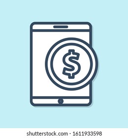 Blue line Tablet with dollar symbol icon isolated on blue background. Online shopping concept. Financial mobile phone. Online payment.  Vector Illustration