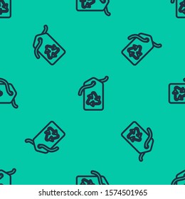 Blue line Tag with recycle symbol icon isolated seamless pattern on green background. Banner, label, tag, logo, sticker for eco green.  Vector Illustration
