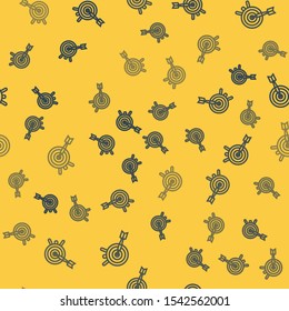 Blue line Target with arrow icon isolated seamless pattern on yellow background. Dart board sign. Archery board icon. Dartboard sign. Business goal concept.  Vector Illustration