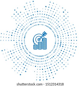 Blue line Target with coin symbol icon isolated on white background. Investment target icon. Successful business concept. Cash or Money sign.  Abstract circle random dots. Vector Illustration