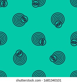 Blue line Target with dollar symbol icon isolated seamless pattern on green background. Investment target icon. Successful business concept. Cash or Money.  Vector Illustration