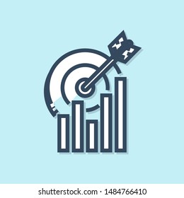 Blue line Target with graph chart icon isolated on blue background. Report text file icon. Accounting sign. Audit, analysis, planning.  Vector Illustration