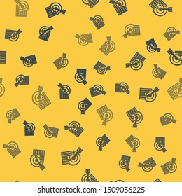 Blue line Target with graph chart icon isolated seamless pattern on yellow background. Report text file icon. Accounting sign. Audit, analysis, planning.  Vector Illustration