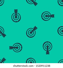 Blue line Target icon isolated seamless pattern on green background. Investment target icon. Successful business concept. Cash or Money sign.   Vector Illustration