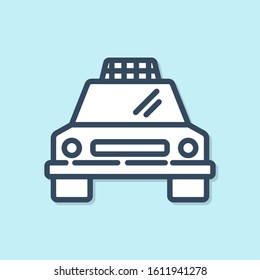 Blue line Taxi car icon isolated on blue background.  Vector Illustration