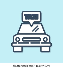 Blue line Taxi car icon isolated on blue background.  Vector Illustration