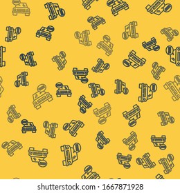 Blue line Taxi car icon isolated seamless pattern on yellow background.  Vector Illustration