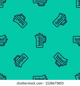 Blue line Teapot icon isolated seamless pattern on green background.  Vector Illustration