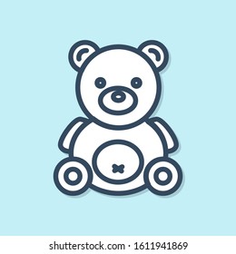 Blue line Teddy bear plush toy icon isolated on blue background.  Vector Illustration