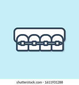 Blue line Teeth with braces icon isolated on blue background. Alignment of bite of teeth, dental row with with braces. Dental concept.  Vector Illustration