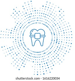 Blue line Teeth with braces icon isolated on white background. Alignment of bite of teeth, dental row with with braces. Dental concept. Abstract circle random dots. Vector Illustration