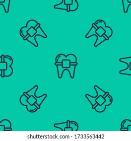 Blue line Teeth with braces icon isolated seamless pattern on green background. Alignment of bite of teeth, dental row with with braces. Dental concept.  Vector Illustration