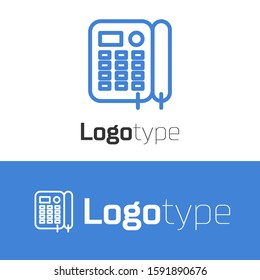 Blue line Telephone icon isolated on white background. Landline phone. Logo design template element. Vector Illustration