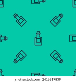 Blue line Tequila bottle icon isolated seamless pattern on green background. Mexican alcohol drink.  Vector