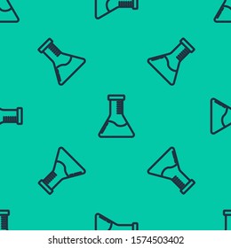 Blue line Test tube and flask chemical laboratory test icon isolated seamless pattern on green background. Laboratory glassware sign.  Vector Illustration