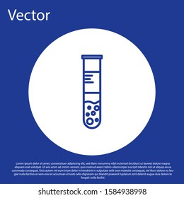 Blue line Test tube and flask chemical laboratory test icon isolated on blue background. Laboratory glassware sign. White circle button. Vector Illustration