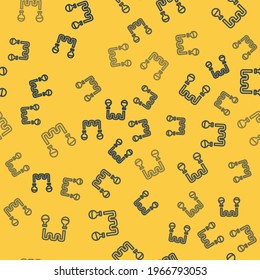 Tubo de ensayo y matraz de línea azul - ícono de ensayo de laboratorio químico aislado patrón transparente sobre fondo amarillo. Sistema de transferencia de fluidos. Señal de vidrio de laboratorio.  Vector