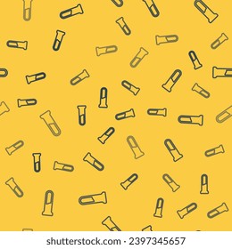 Blue line Test tube and flask icon isolated seamless pattern on yellow background. Chemical laboratory test. Laboratory glassware.  Vector