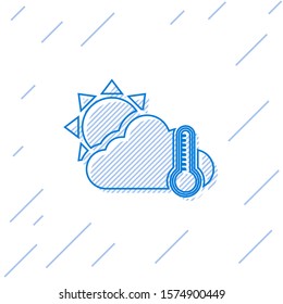 Blue line Thermometer and cloud with sun icon isolated on white background.  Vector Illustration