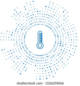 Blue line Thermometer icon isolated on white background. Abstract circle random dots. Vector Illustration