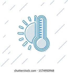 Blue line Thermometer with sun icon isolated on white background.  Vector Illustration