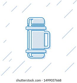 Blue line Thermos container icon isolated on white background. Thermo flask icon. Camping and hiking equipment.  Vector Illustration