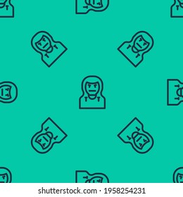 Blue line Thief mask icon isolated seamless pattern on green background. Bandit mask, criminal man.  Vector