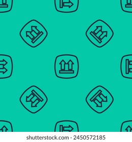 Línea azul Este icono de lado hacia arriba aislado patrón sin fisuras sobre fondo verde. Dos flechas que indican la parte superior del embalaje. Carga manipulada.  Vector