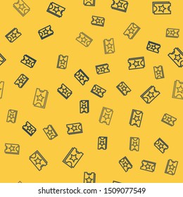 Blue line Ticket icon isolated seamless pattern on yellow background. Amusement park.  Vector Illustration