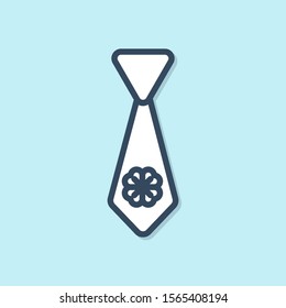 Blue line Tie with four leaf clover icon isolated on blue background. Necktie and neckcloth symbol. Happy Saint Patricks day.  Vector Illustration