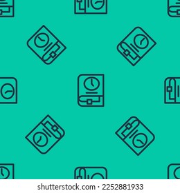 Tiempo de línea azul para el icono del libro aislado patrón sin fisuras sobre fondo verde.  Vector