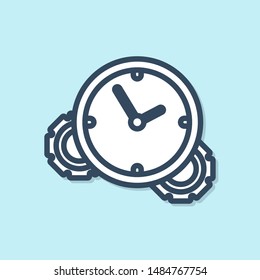 Blue line Time Management icon isolated on blue background. Clock and gear sign. Productivity symbol.  Vector Illustration