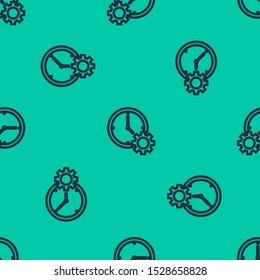 Blue line Time Management icon isolated seamless pattern on green background. Clock and gear sign. Productivity symbol.  Vector Illustration