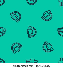 Blue line Time Management icon isolated seamless pattern on green background. Clock and gear sign. Productivity symbol.  Vector Illustration