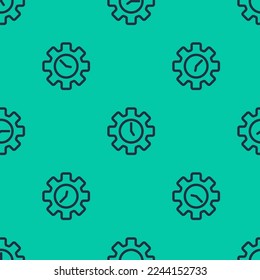 Icono de Administración de tiempo de línea azul aislado patrón sin fisuras en fondo verde. Señal de reloj y marcha. Símbolo de productividad.  Vector