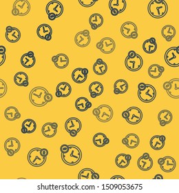 Blue line Time is money icon isolated seamless pattern on yellow background. Money is time. Effective time management. Convert time to money.  Vector Illustration